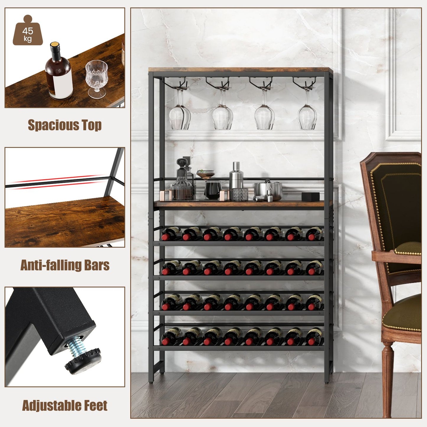 Freestanding Wine Rack with 4-Tier Wine Storage and Stemware Racks