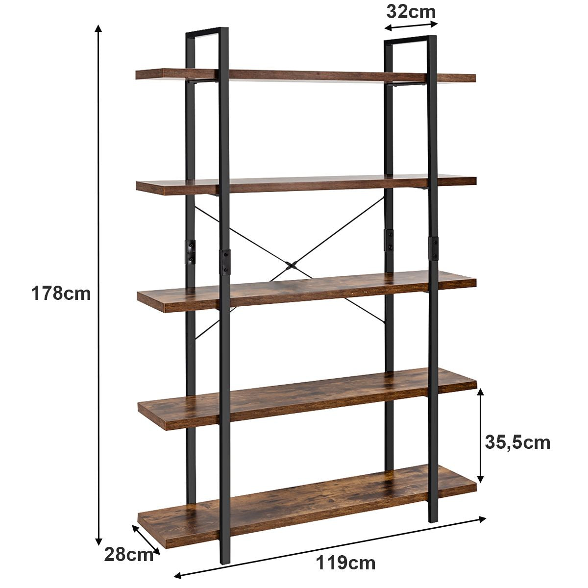 5-Tier Industrial Bookshelf with Anti-Toppling Device