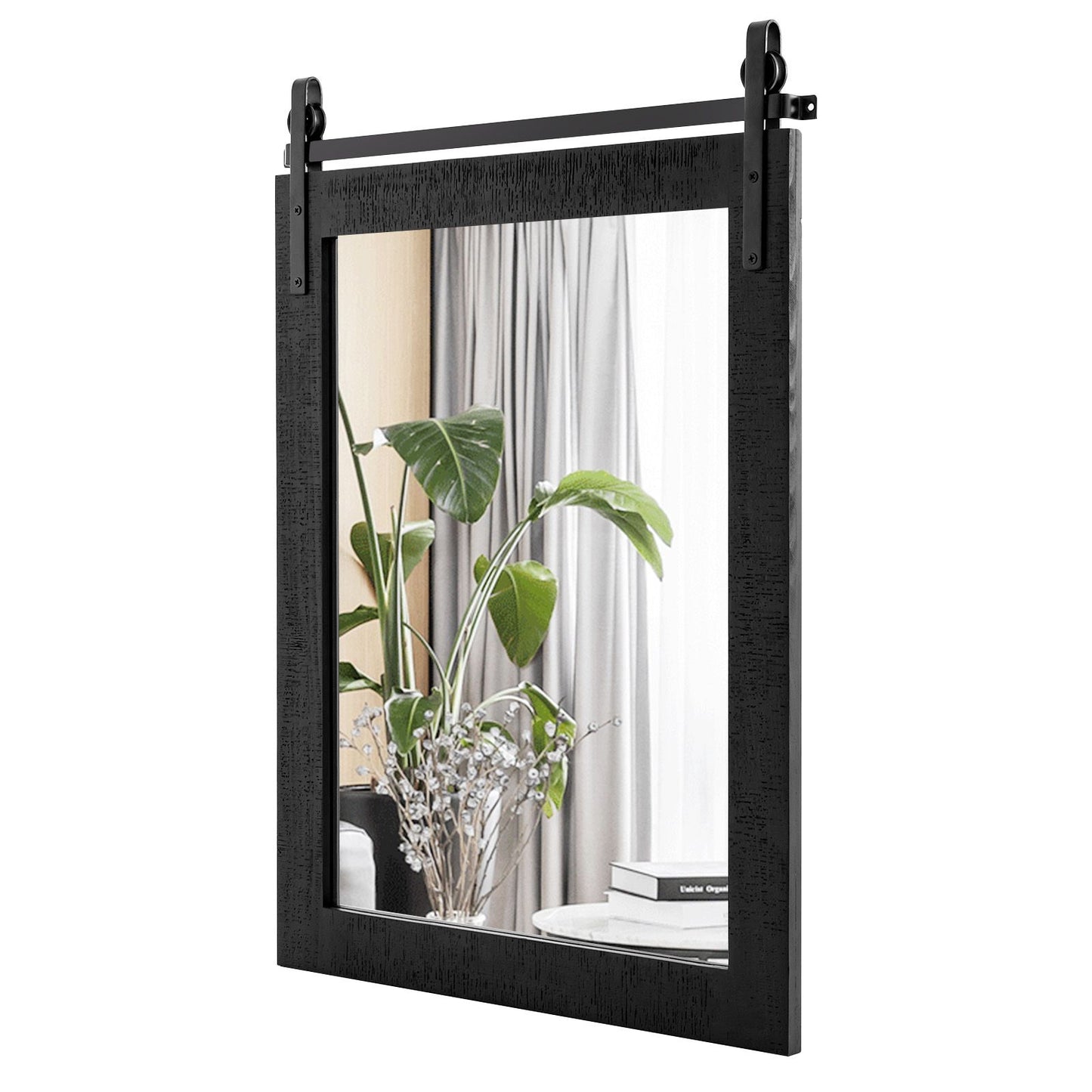 Wall Mounted Mirror with Solid Wood Frame and Metal Bracket