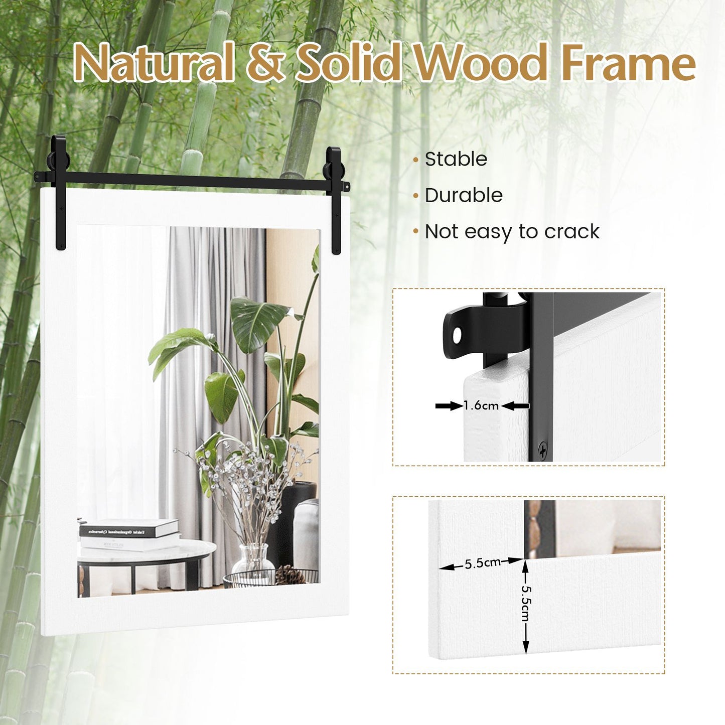 Wall Mounted Mirror with Solid Wood Frame and Metal Bracket