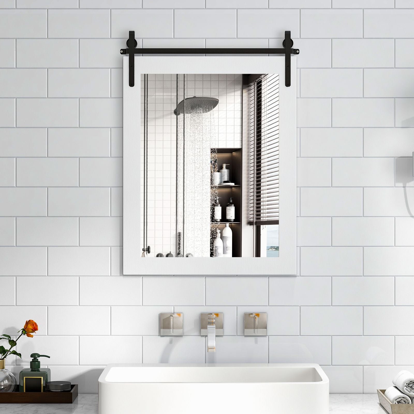 Wall Mounted Mirror with Solid Wood Frame and Metal Bracket