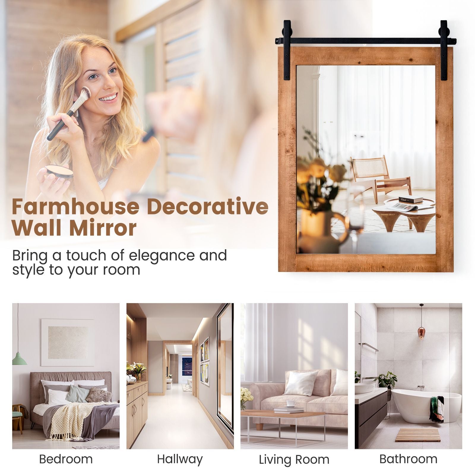 Wall Mounted Mirror with Solid Wood Frame and Metal Bracket