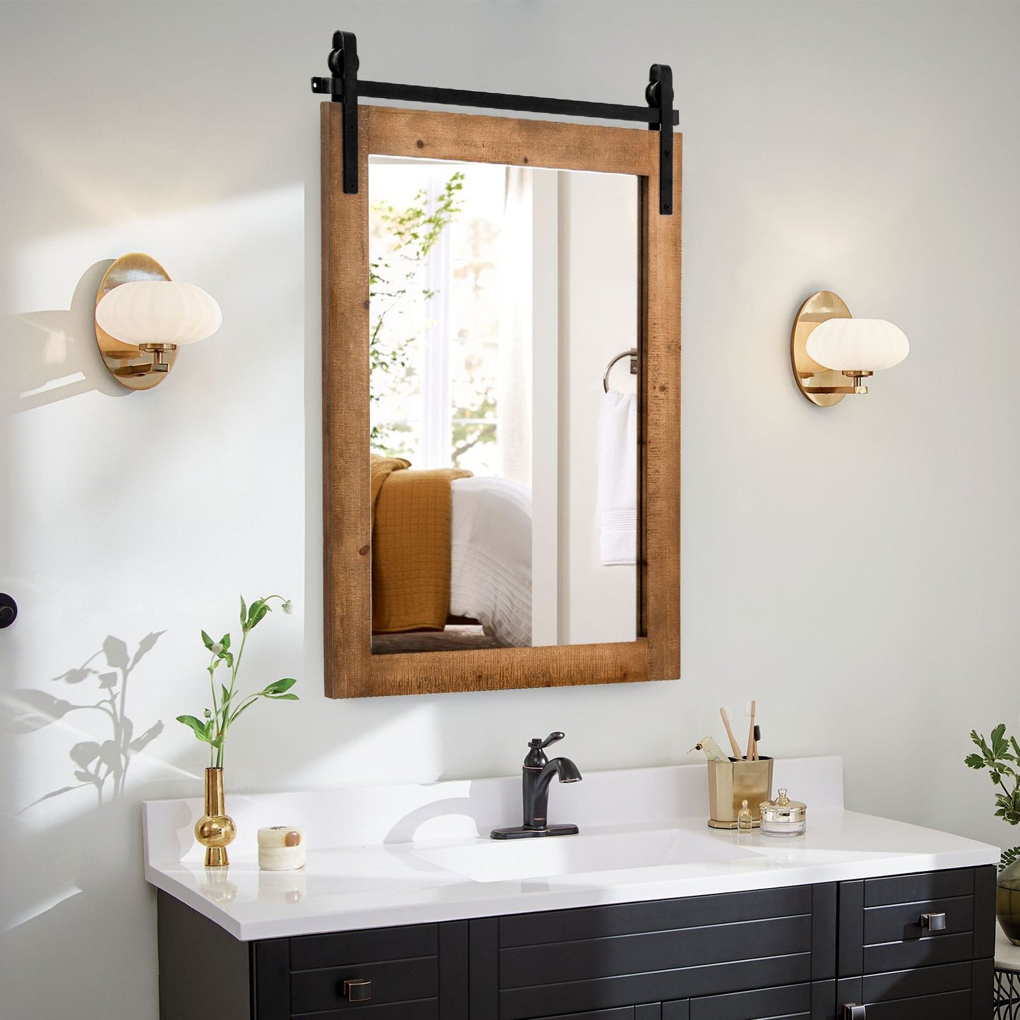 Wall Mounted Mirror with Solid Wood Frame and Metal Bracket