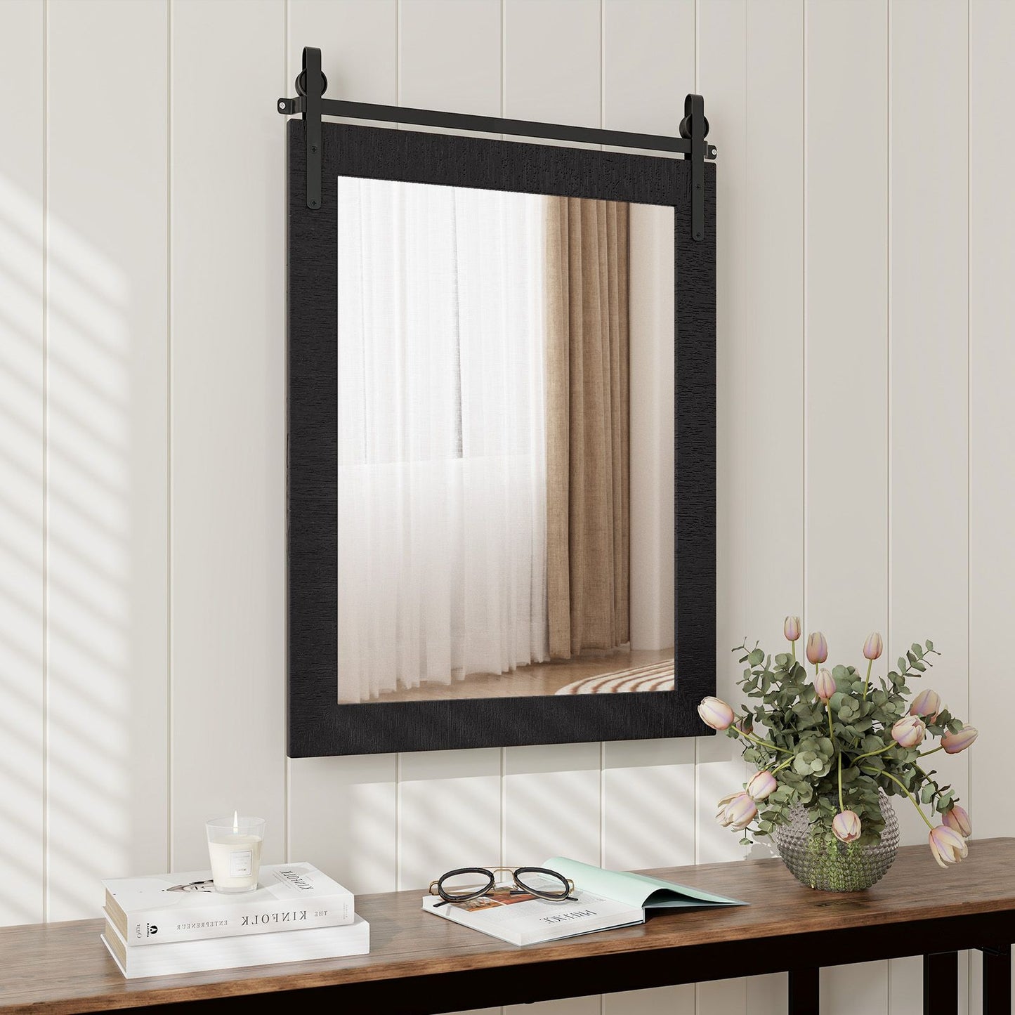 Wall Mounted Mirror with Solid Wood Frame and Metal Bracket