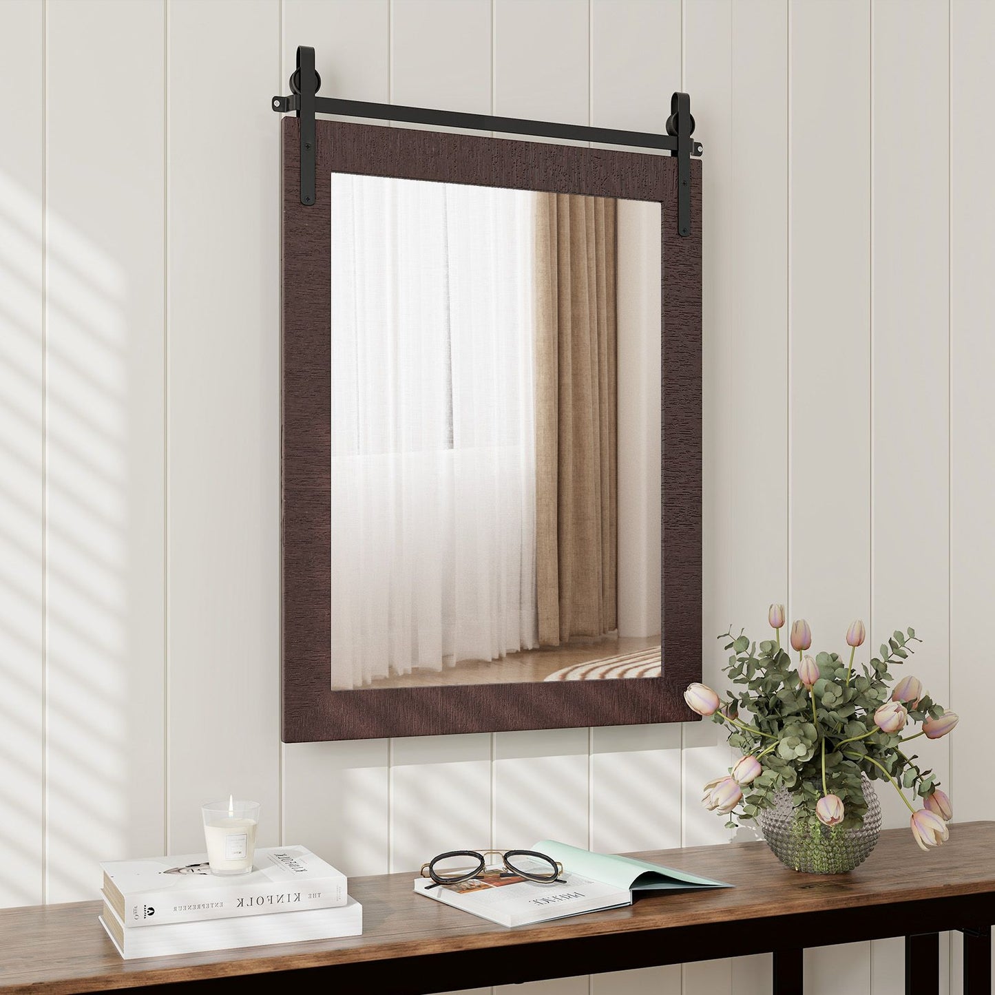 Wall Mounted Mirror with Solid Wood Frame and Metal Bracket