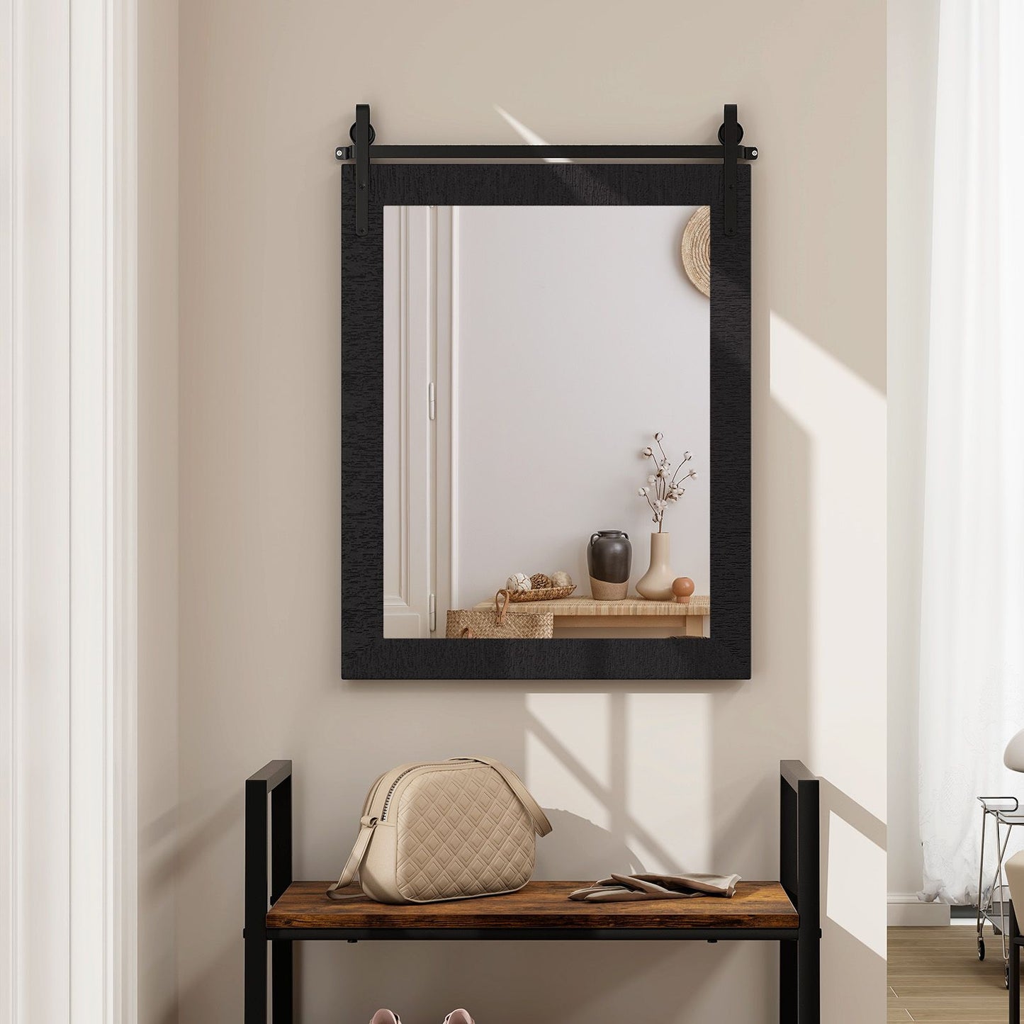 Wall Mounted Mirror with Solid Wood Frame and Metal Bracket