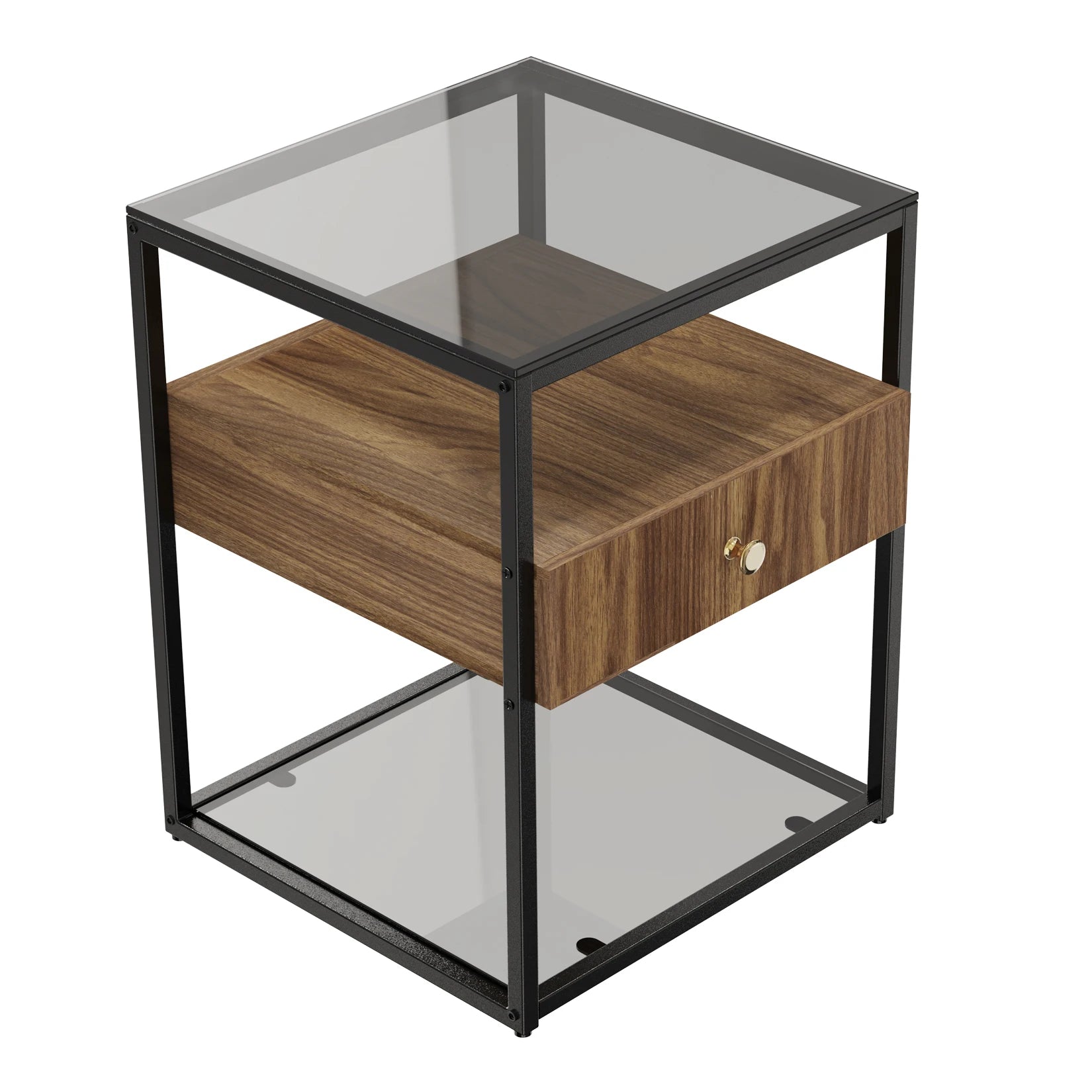 Tempered Glass Side Table, Nightstand, with Drawer and Shelf, Decoration in Living Room, Stable Steel Frame