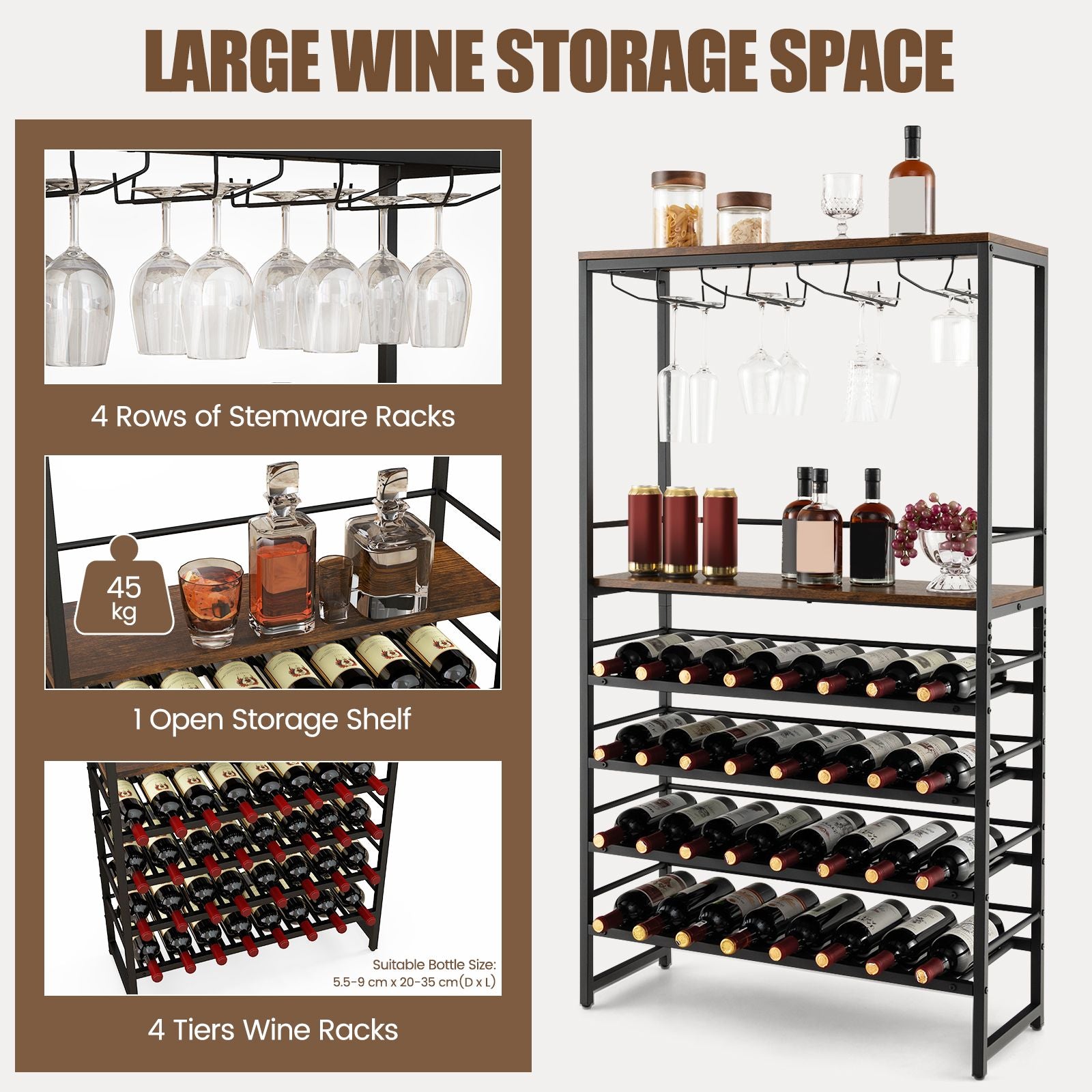 Freestanding Wine Rack with 4-Tier Wine Storage and Stemware Racks