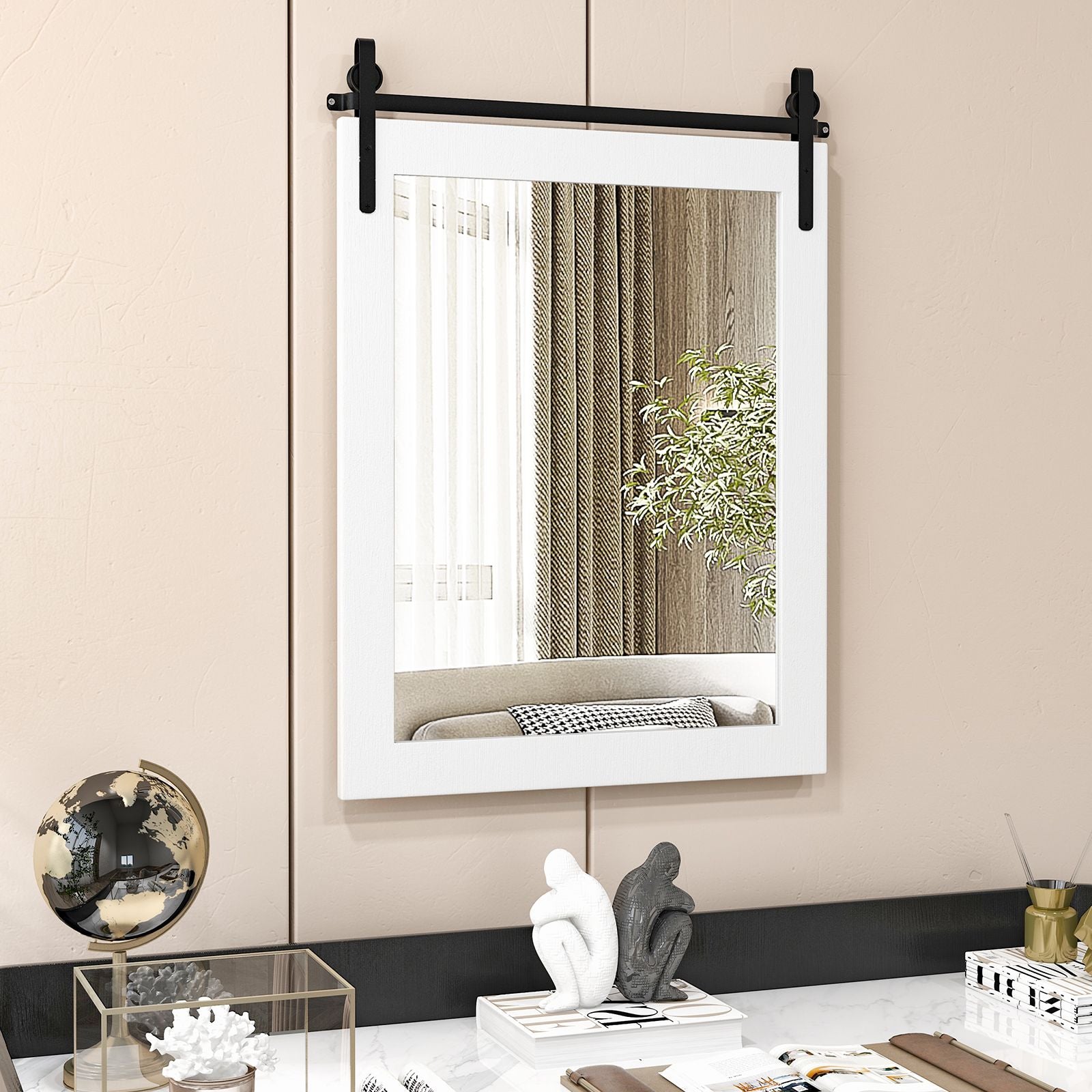 Wall Mounted Mirror with Solid Wood Frame and Metal Bracket