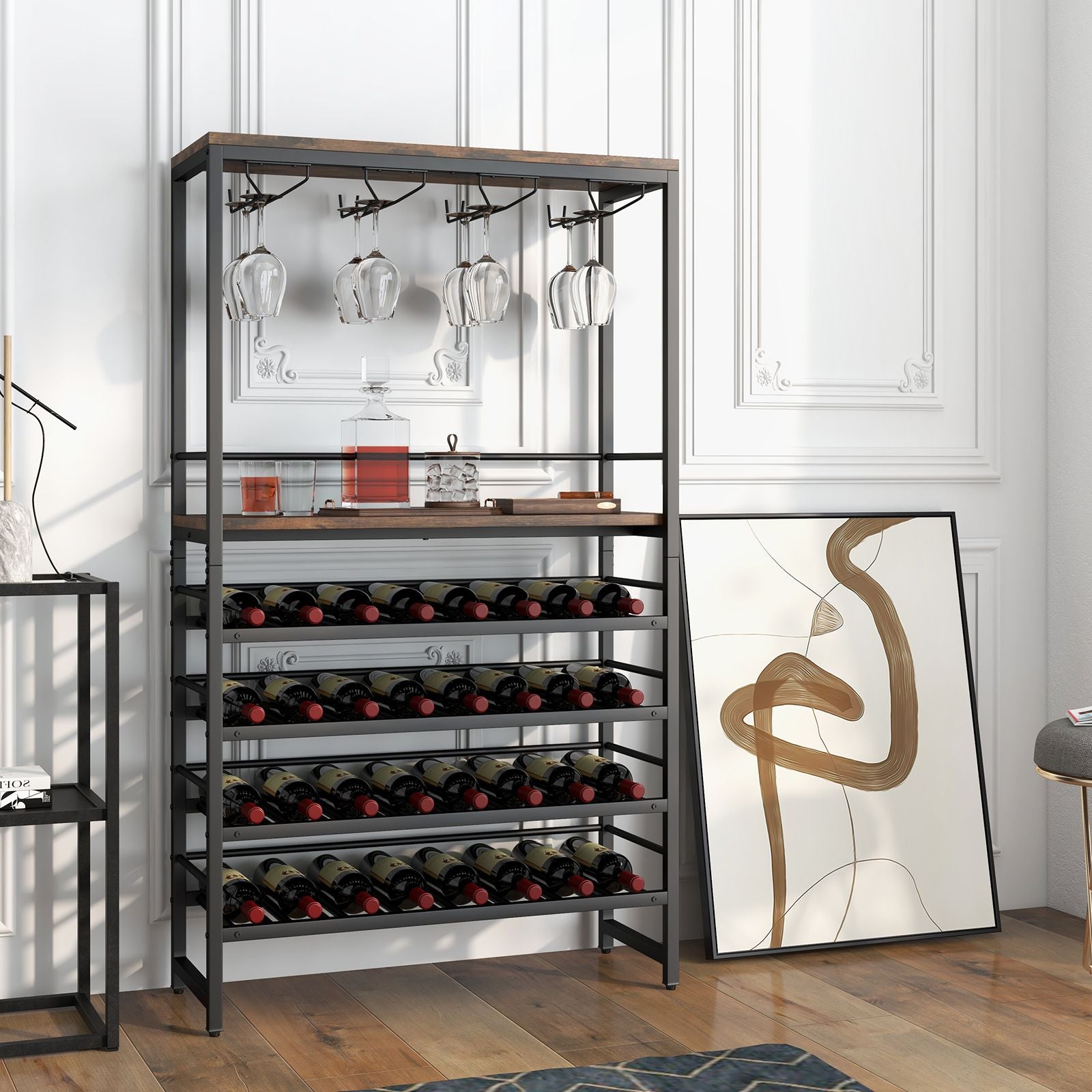 Freestanding Wine Rack with 4-Tier Wine Storage and Stemware Racks