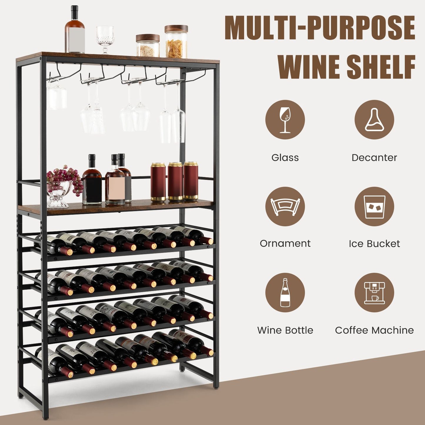 Freestanding Wine Rack with 4-Tier Wine Storage and Stemware Racks