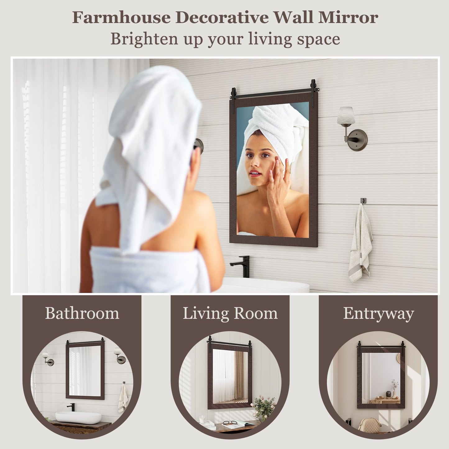 Wall Mounted Mirror with Solid Wood Frame and Metal Bracket