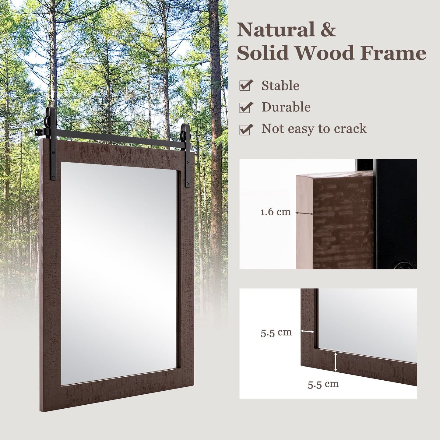 Wall Mounted Mirror with Solid Wood Frame and Metal Bracket