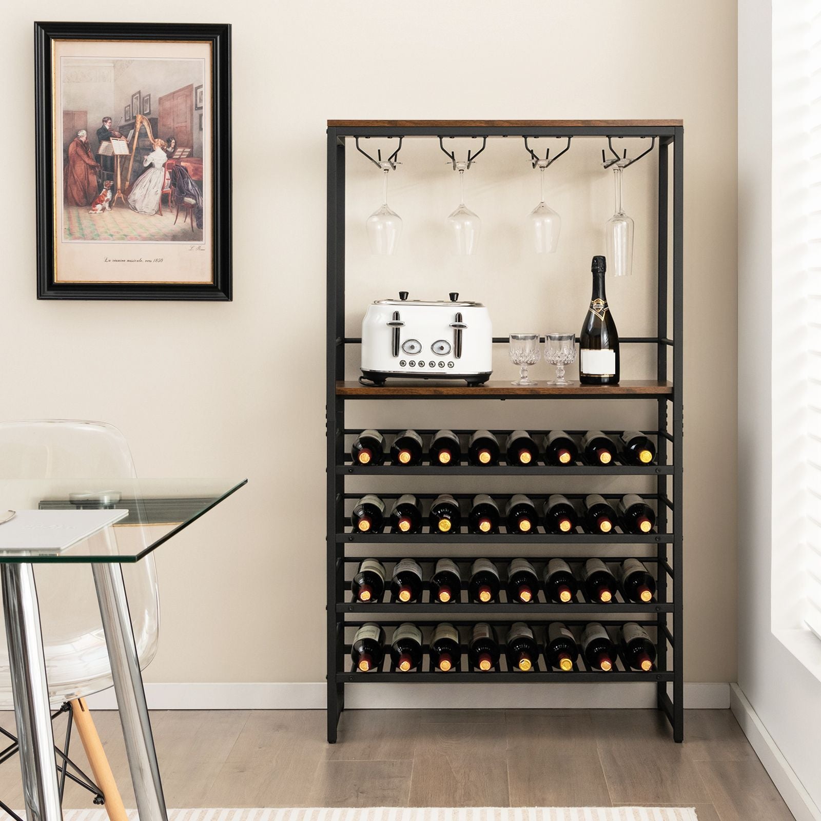 Freestanding Wine Rack with 4-Tier Wine Storage and Stemware Racks