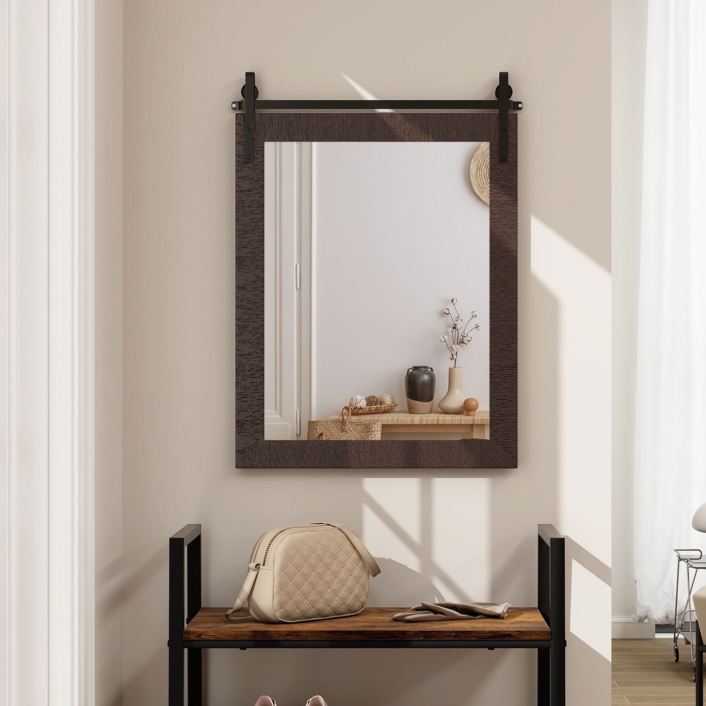 Wall Mounted Mirror with Solid Wood Frame and Metal Bracket