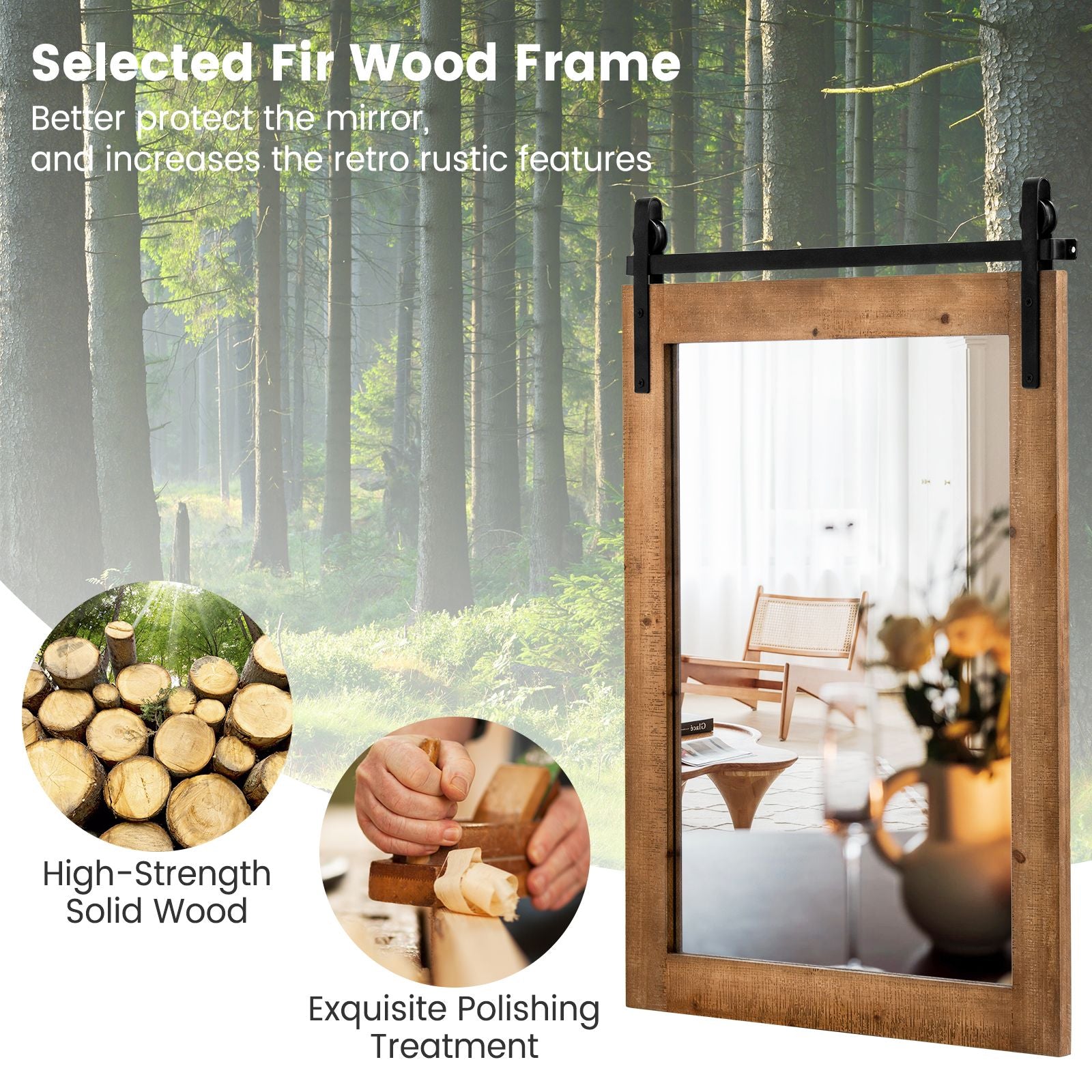 Wall Mounted Mirror with Solid Wood Frame and Metal Bracket