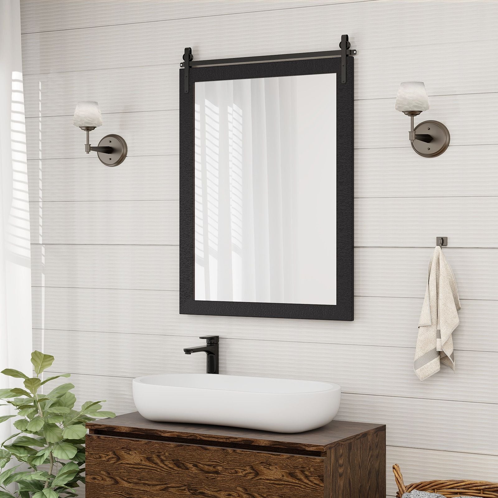 Wall Mounted Mirror with Solid Wood Frame and Metal Bracket