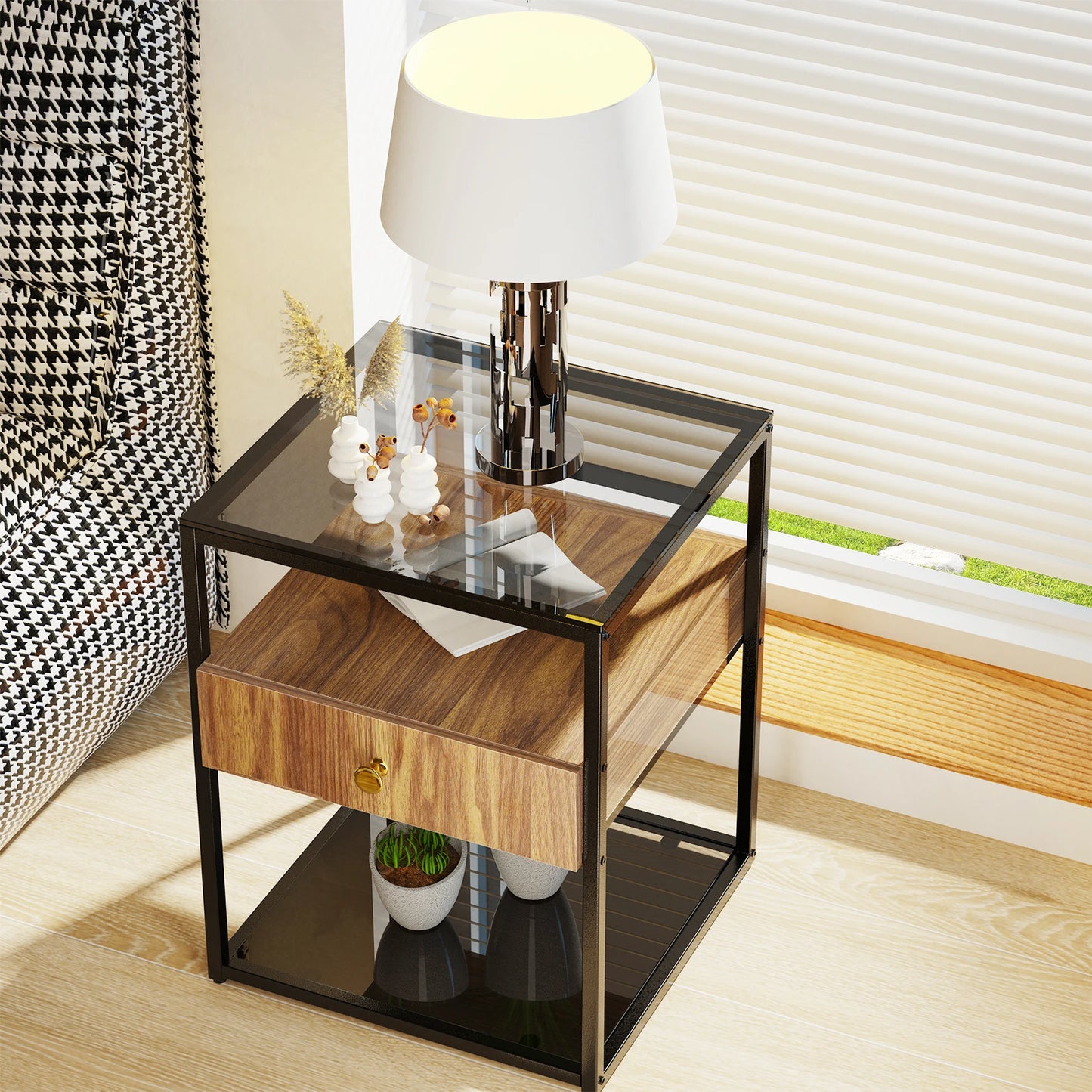 Tempered Glass Side Table, Nightstand, with Drawer and Shelf, Decoration in Living Room, Stable Steel Frame