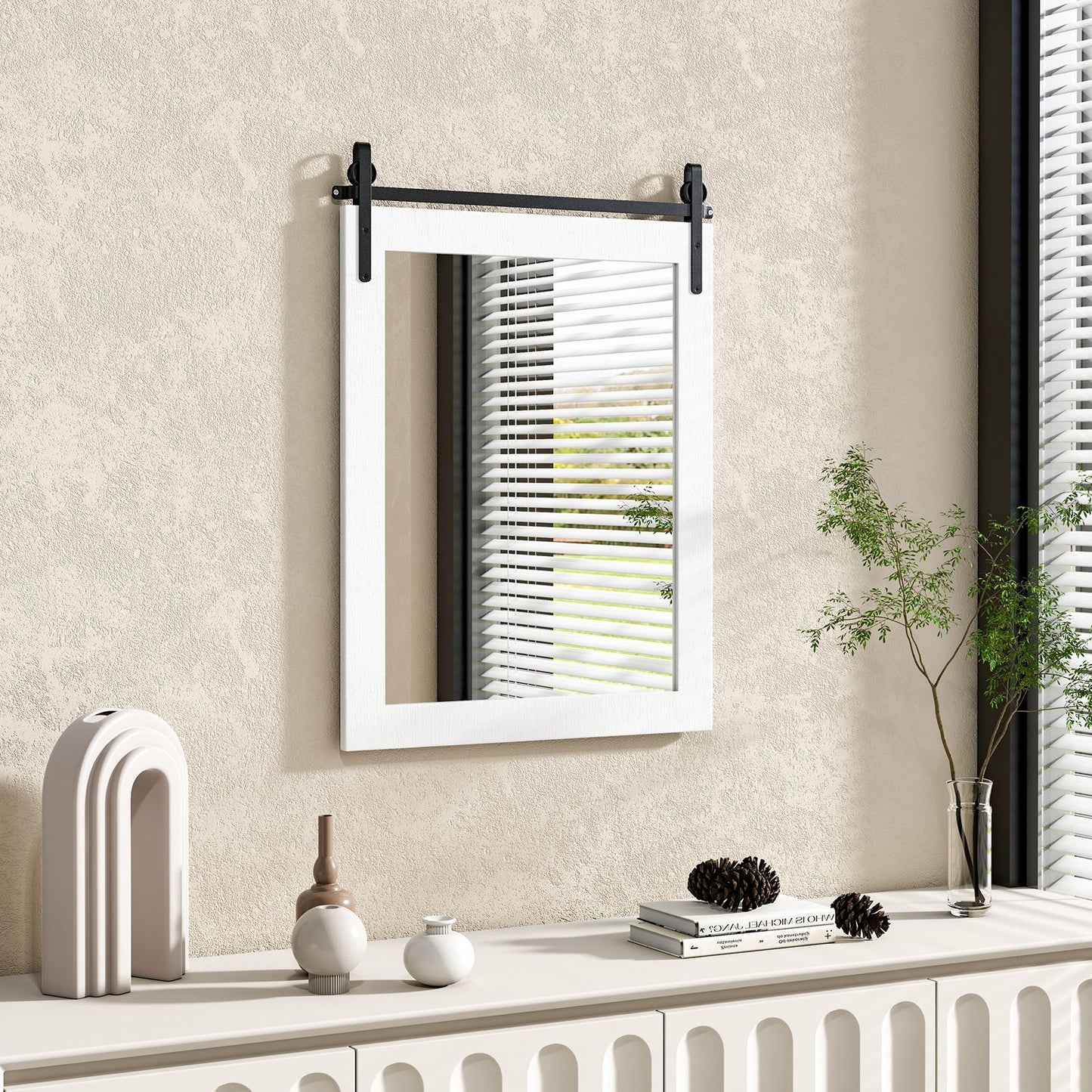 Wall Mounted Mirror with Solid Wood Frame and Metal Bracket