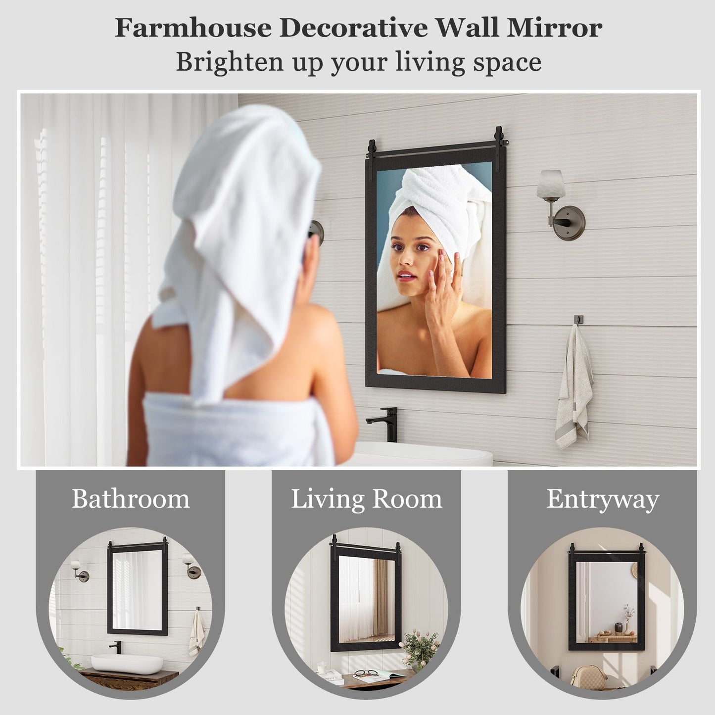 Wall Mounted Mirror with Solid Wood Frame and Metal Bracket