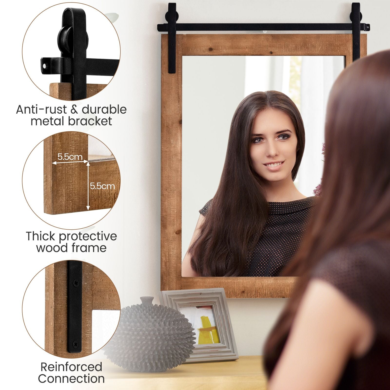 Wall Mounted Mirror with Solid Wood Frame and Metal Bracket