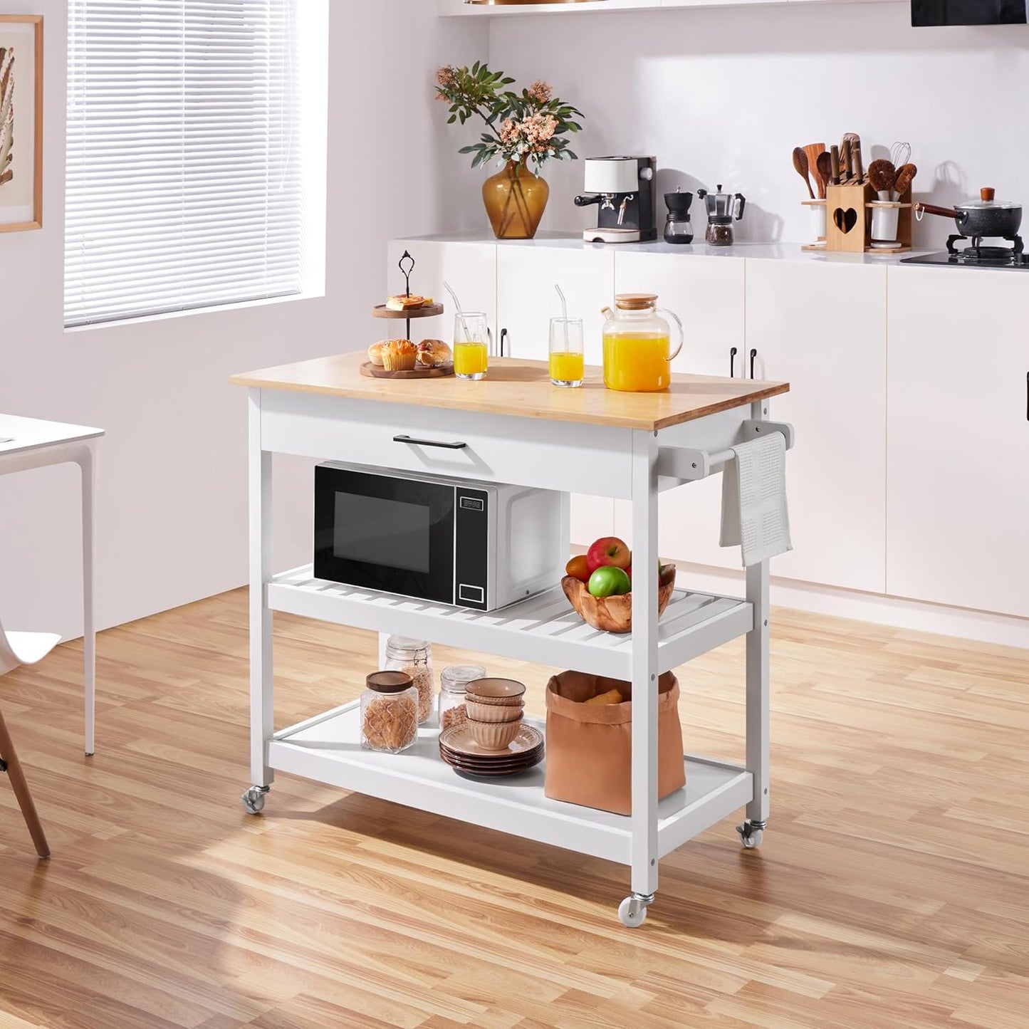 40" Width Kitchen Island Cart on Wheels, 3 Tiers Rolling Utility Cart with Solid Wood Top and Drawer & 2 Spacious Storage Shelf, Serving Trolley for Dining Room, White