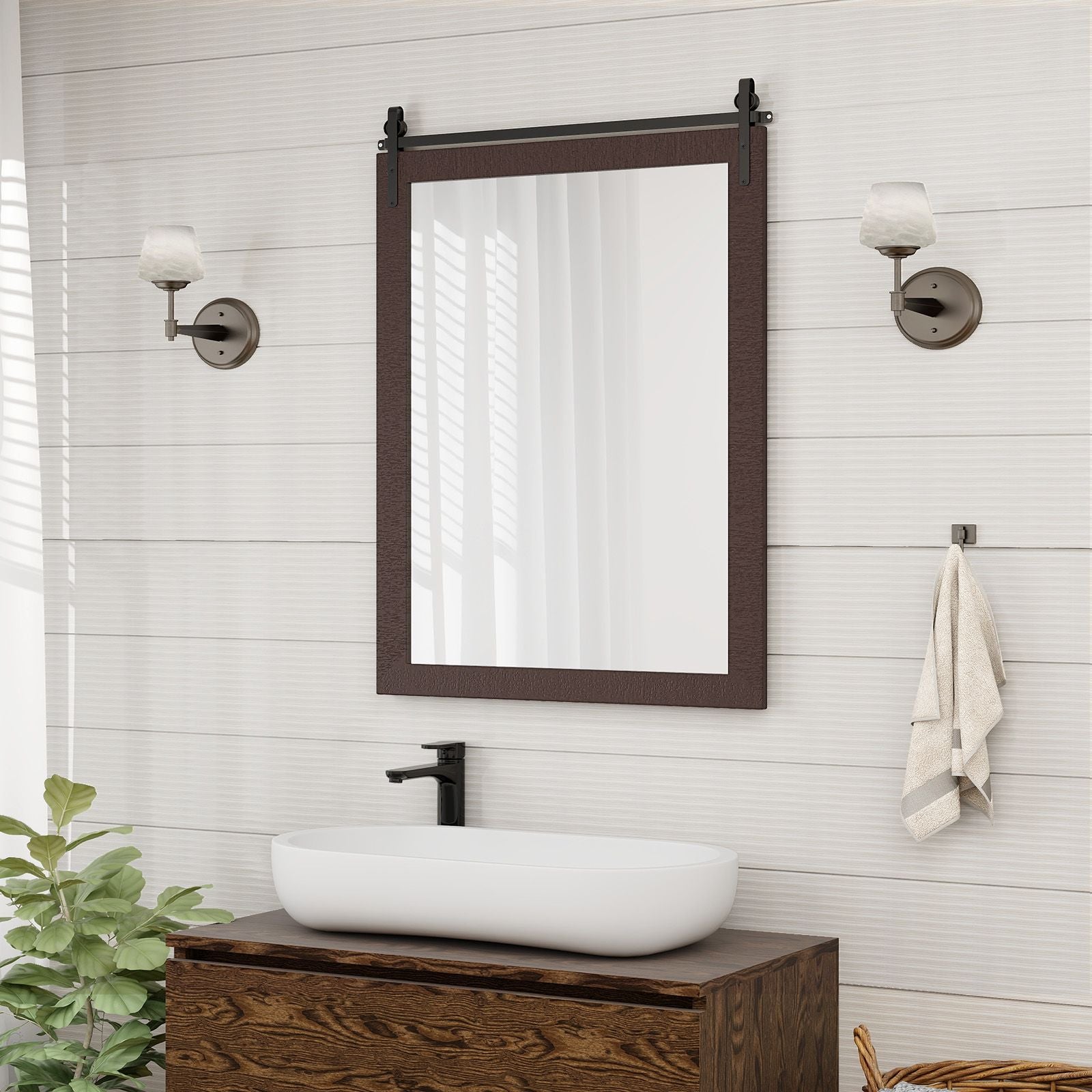 Wall Mounted Mirror with Solid Wood Frame and Metal Bracket