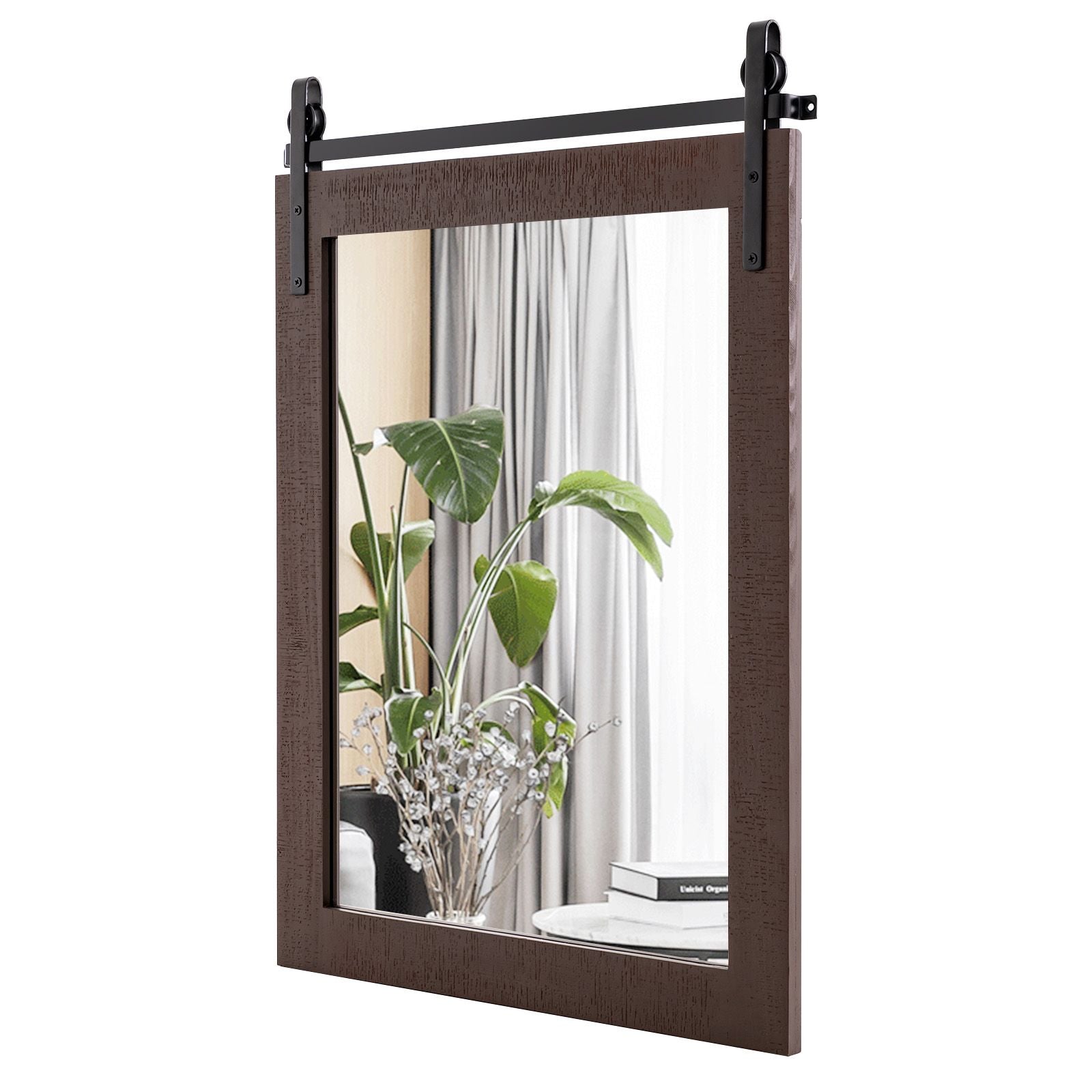 Wall Mounted Mirror with Solid Wood Frame and Metal Bracket