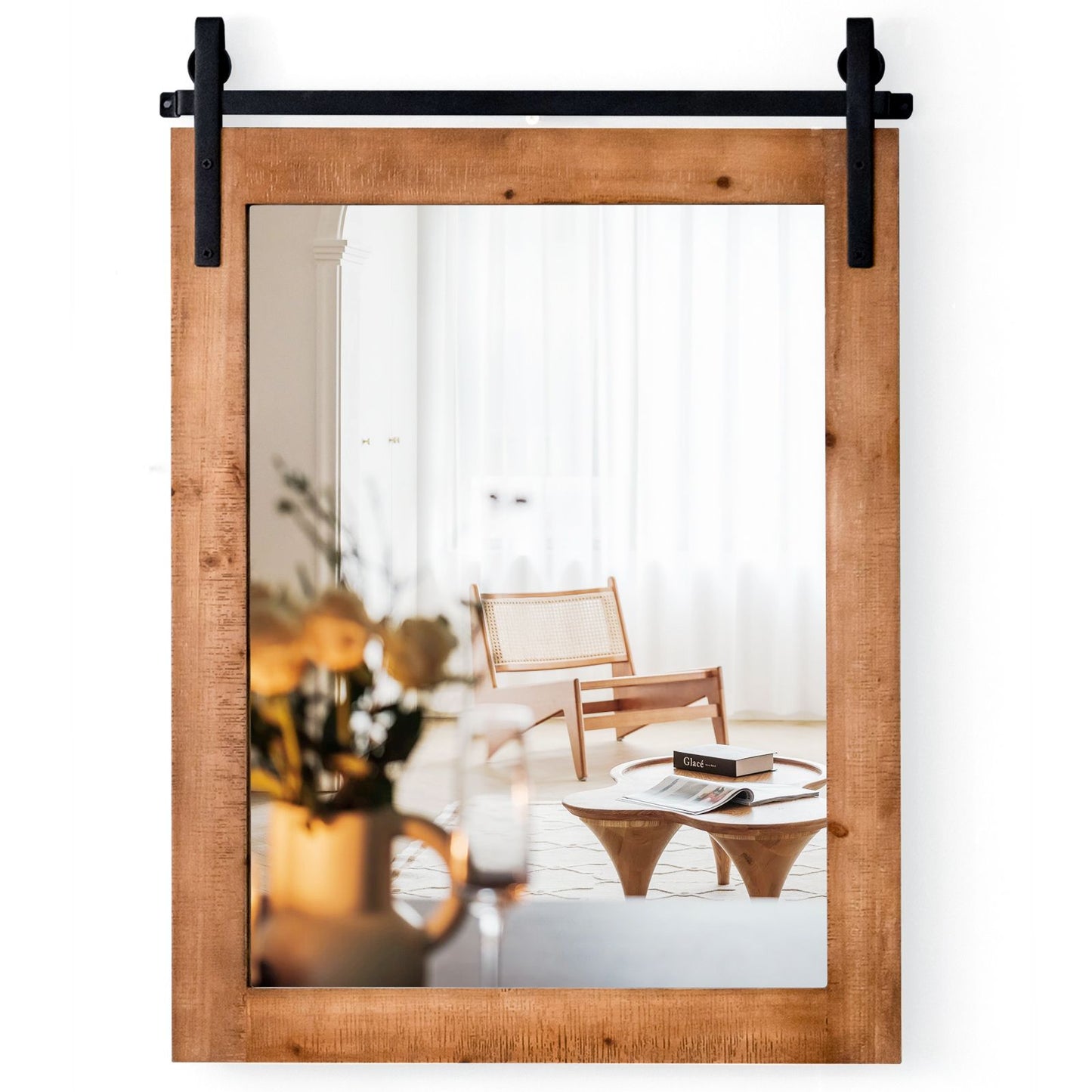 Wall Mounted Mirror with Solid Wood Frame and Metal Bracket