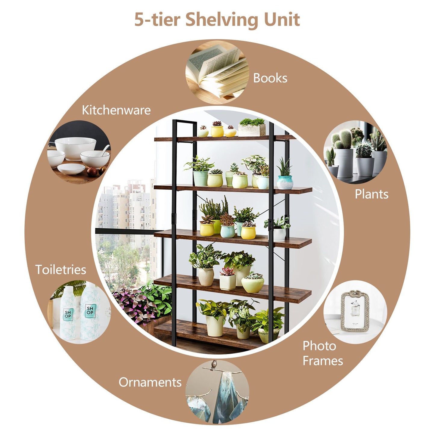 5-Tier Industrial Bookshelf with Anti-Toppling Device