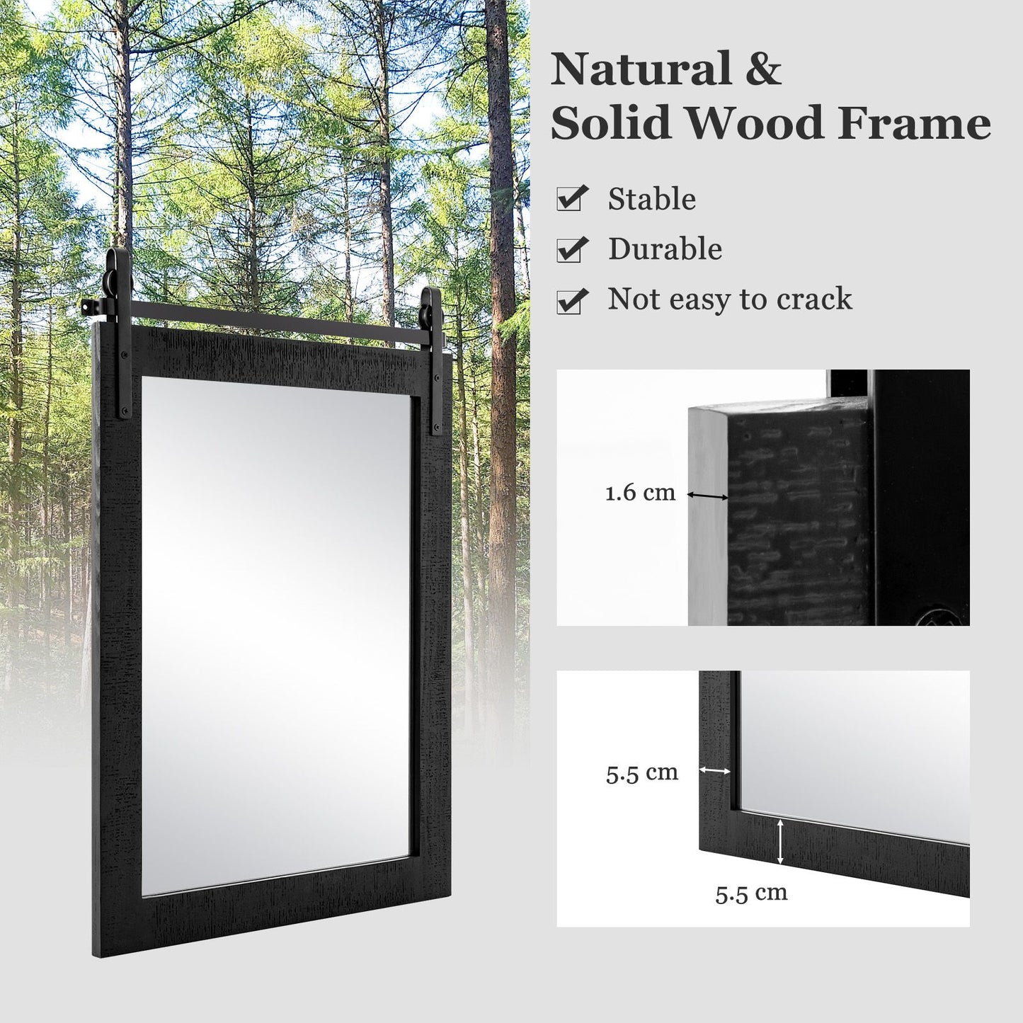 Wall Mounted Mirror with Solid Wood Frame and Metal Bracket