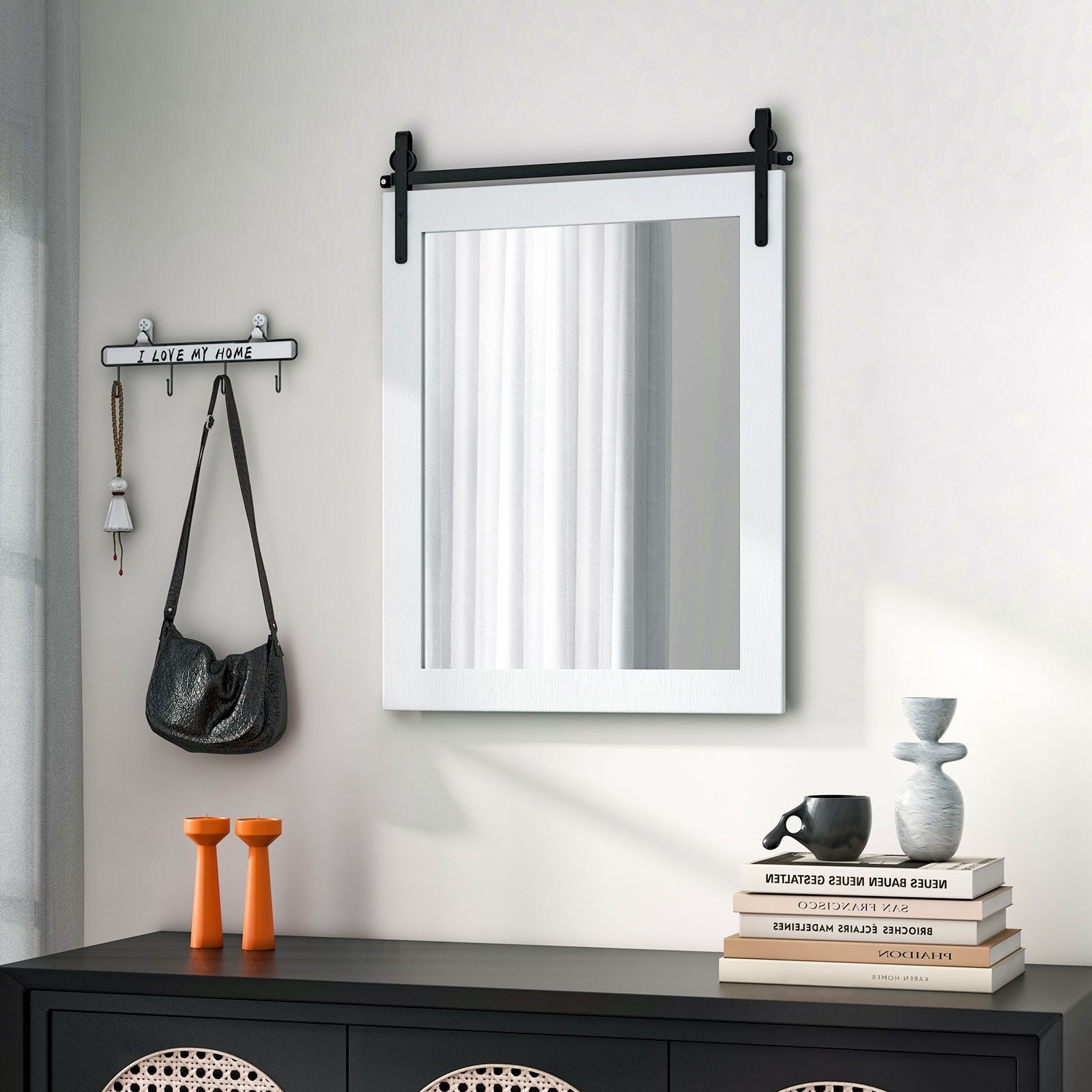 Wall Mounted Mirror with Solid Wood Frame and Metal Bracket